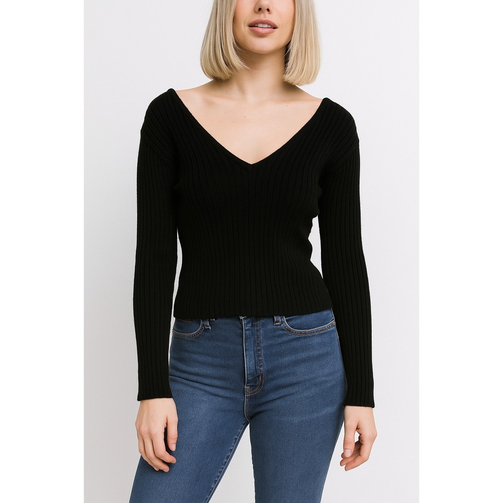 Love Tree Black Ribbed Deep V Neck Long Sleeve Fitted Sweater Top‎ Women Size M